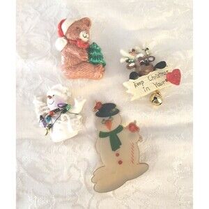 Christmas Brooch Lot 4 Holiday Pins Snowman Reindeer Winter